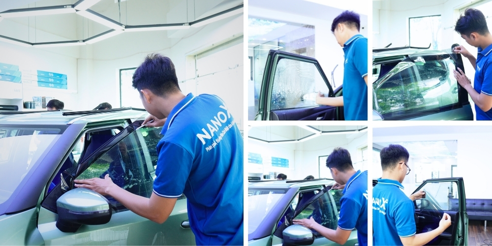 Hình ảnh dán phim cách nhiệt kính sườn cửa sổ ô tô thực tế tại AMC