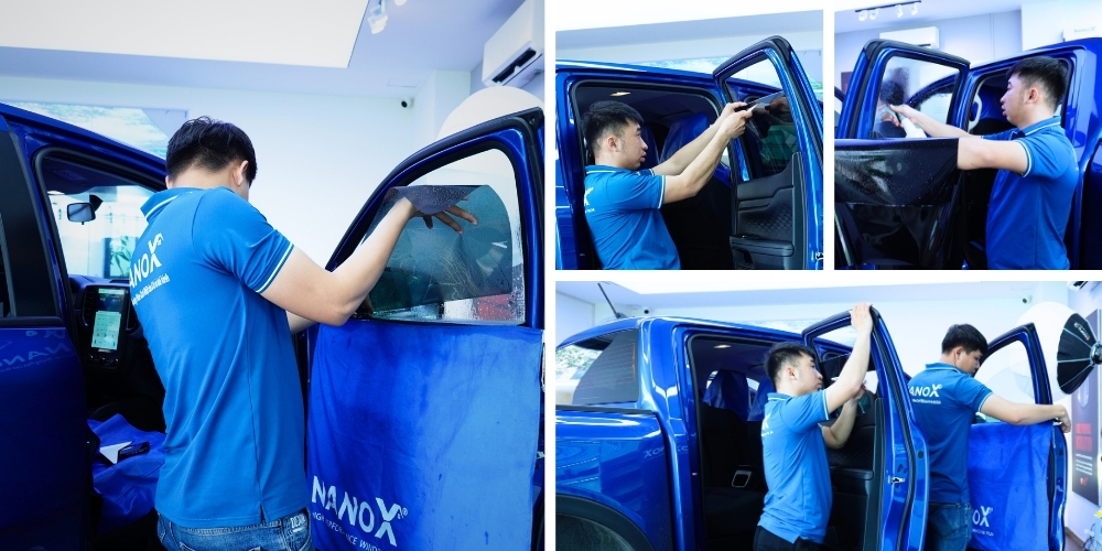 Hình ảnh dán phim cách nhiệt kính sườn cửa sổ ô tô thực tế tại AMC
